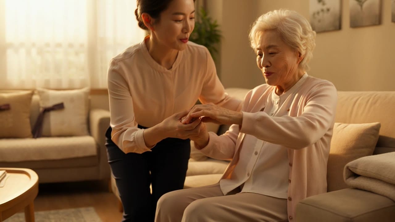 어르신과 요양보호사가 함께하는 따뜻한 돌봄 장면